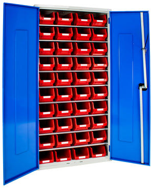 1580mm high mild steel small parts cabinet with lockable door and 40 bin containers