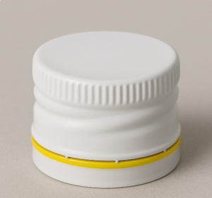 28mm T/E White Cap with Yellow Band – Polycone Lined, Tamper-Evident Seal
