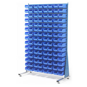Single-sided free-standing mild steel louvred panel storage unit with small parts bins 1000x500x1600mm